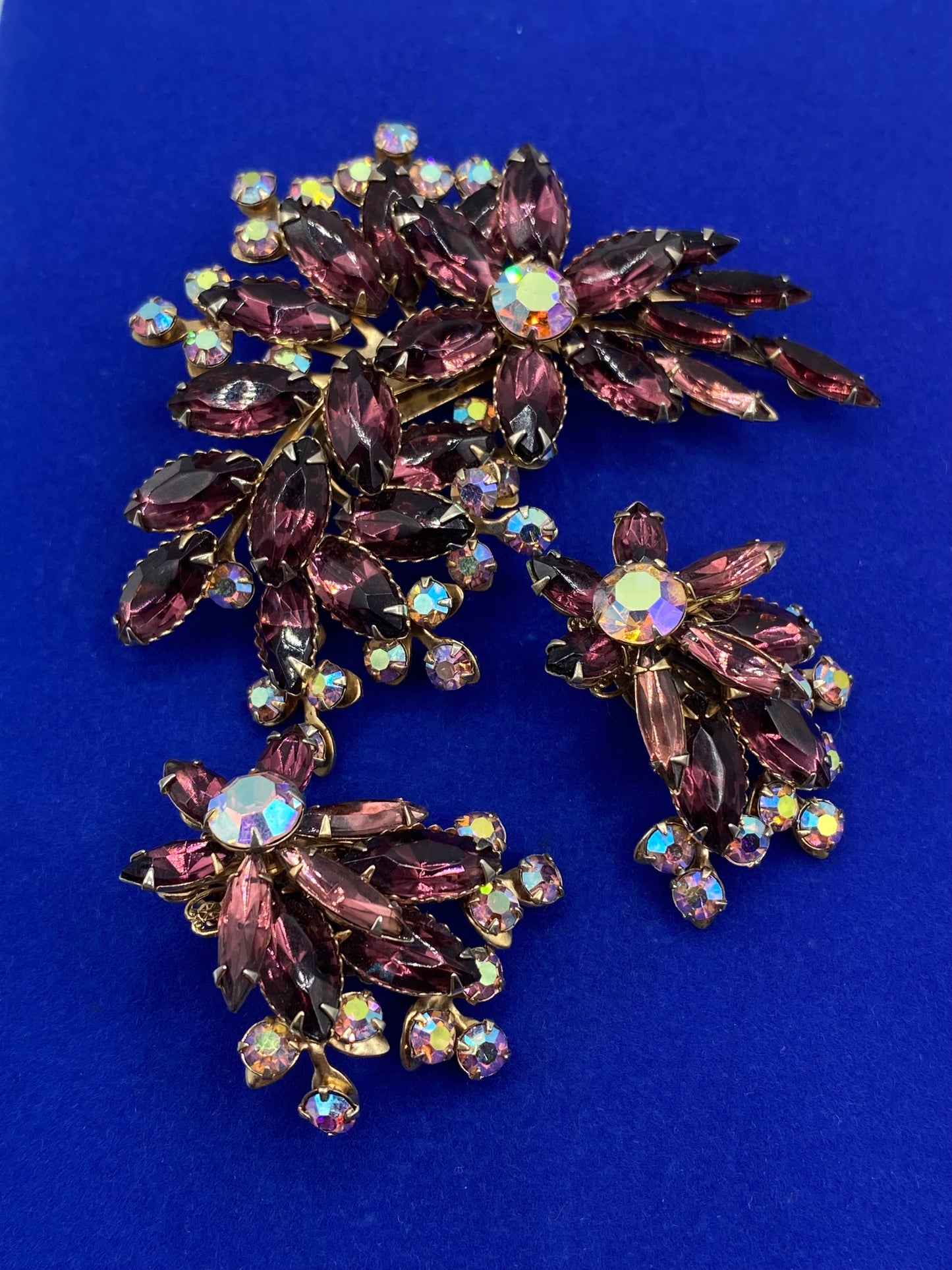 Purple & AB Rhinestone Brooch & Clip On Earring Set