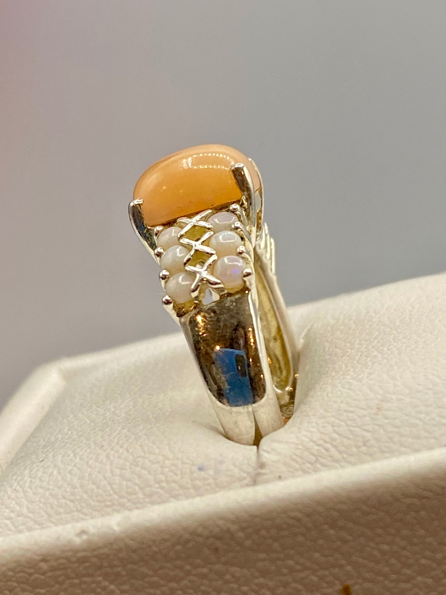 Sterling Silver Rhodium Flashed Square Cabochon Beige Stone Opal Accents Ring
