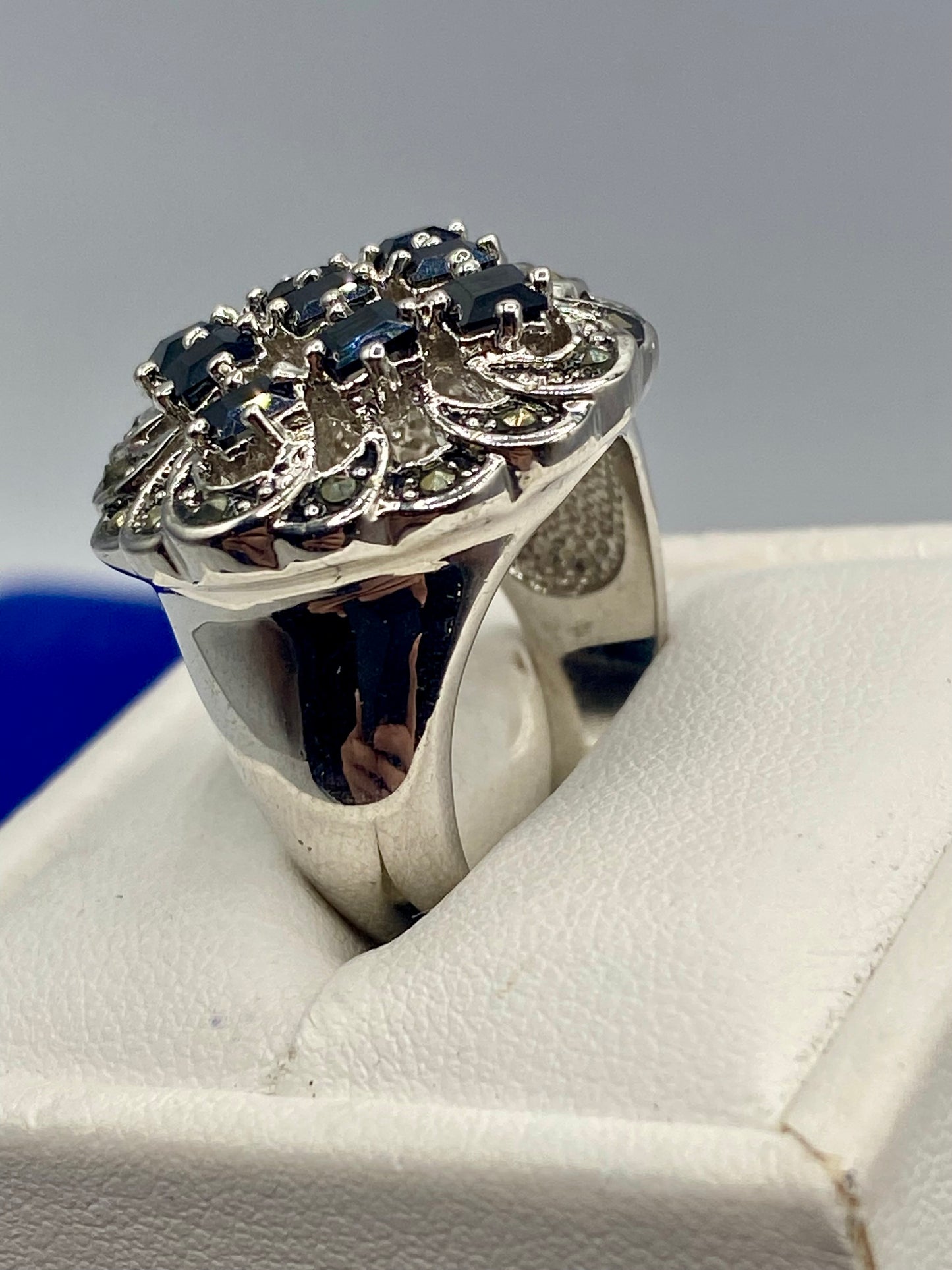 Black Rhinestone & Marcasite Silver Tone Ring