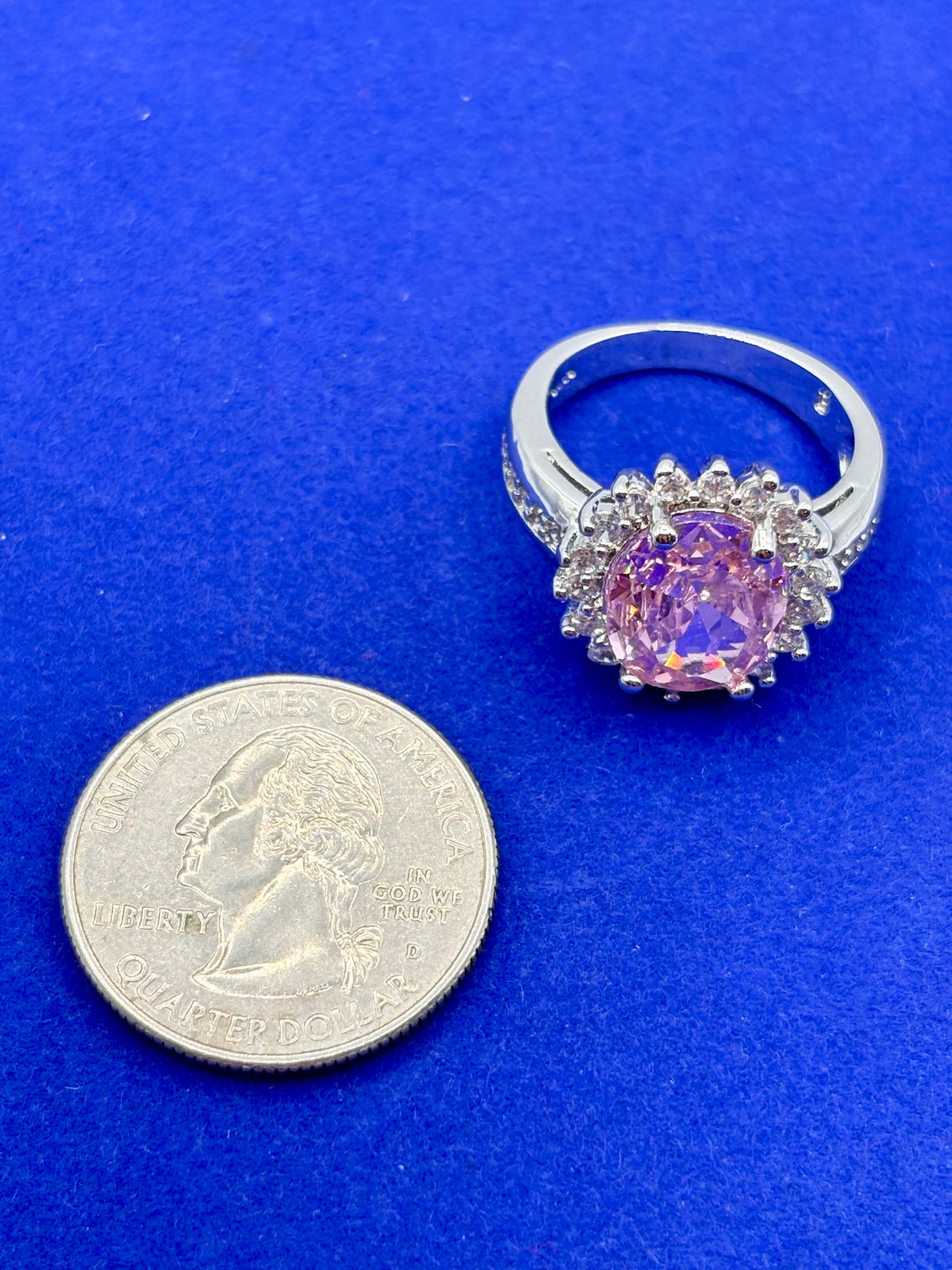 Pink & Clear Glass Silver Tone Costume Ring