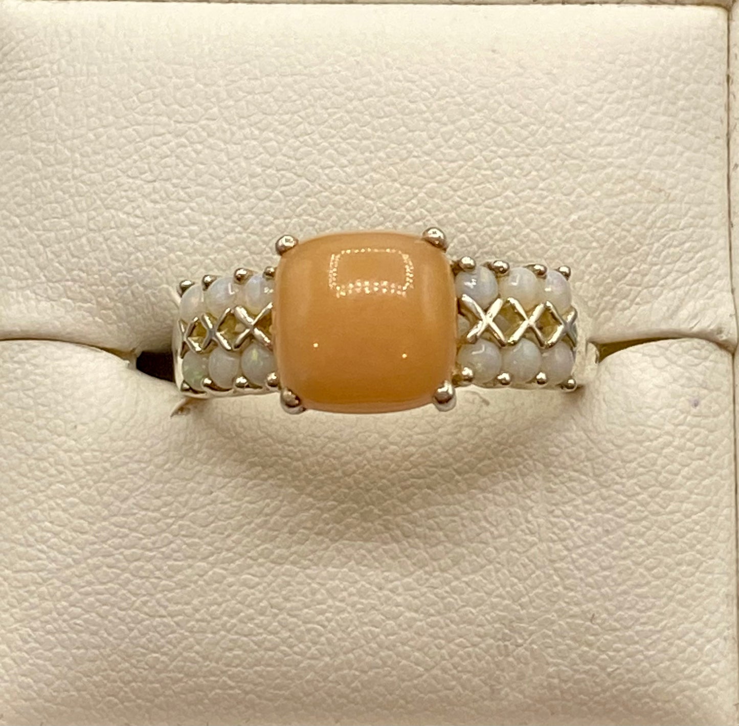 Sterling Silver Rhodium Flashed Square Cabochon Beige Stone Opal Accents Ring