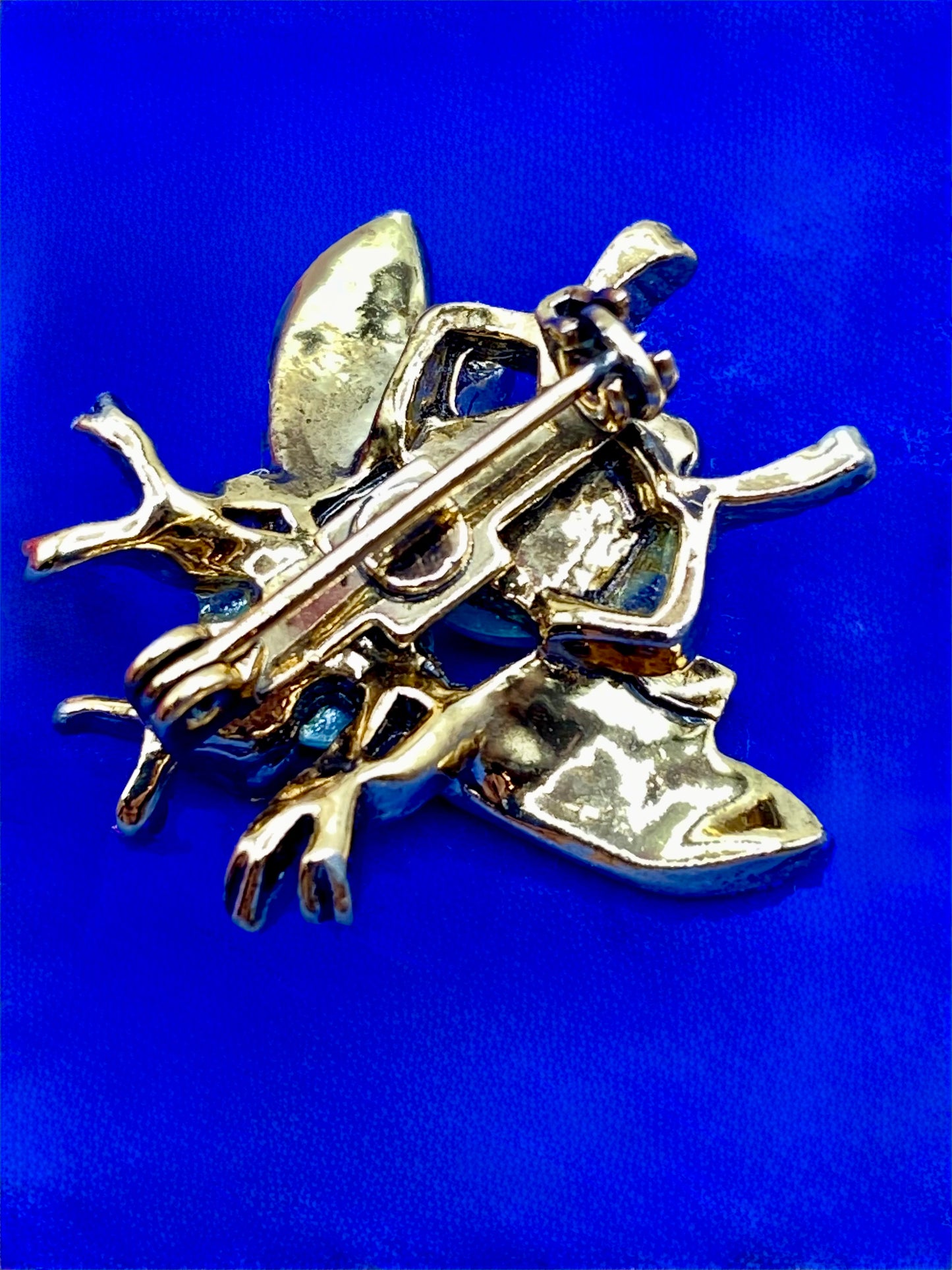 Blue Cabochon & Gold Tone Bug Brooch