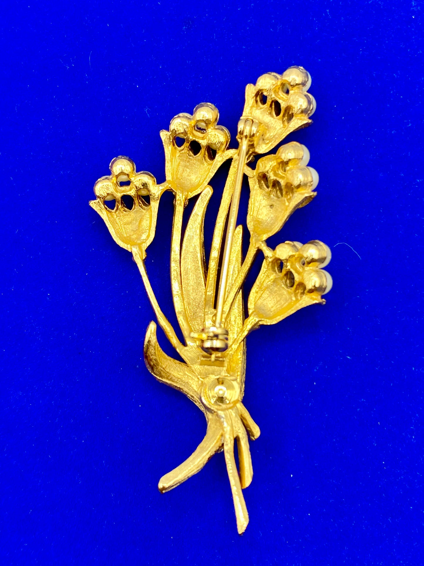 Faux Pearl & Rhinestone Gold Tone Floral Brooch
