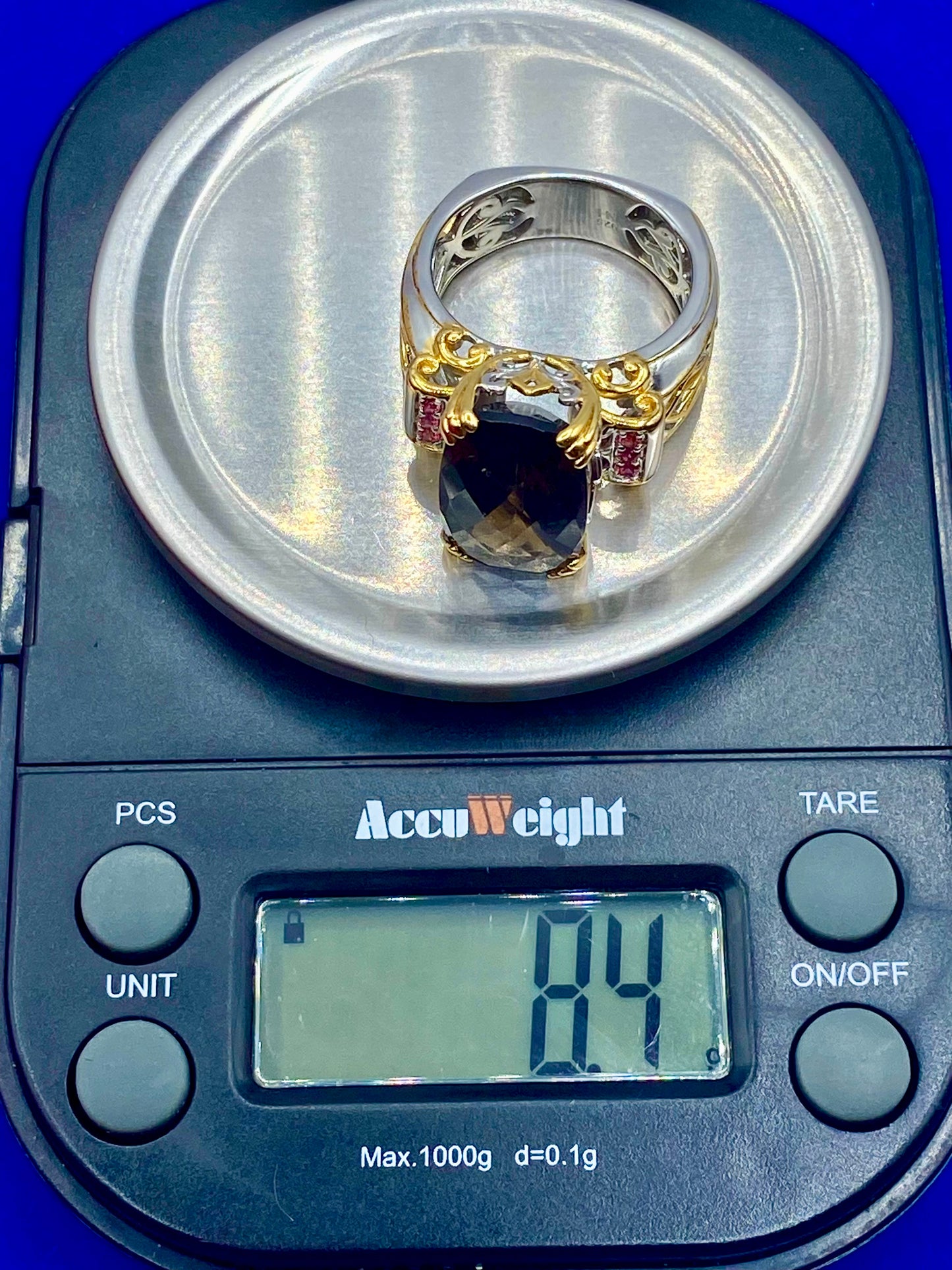 Sterling Silver/Vermeil Smokey Quartz & Red Crystal Ring