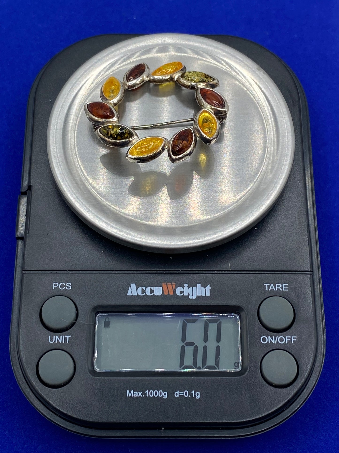 Sterling Silver Round Amber Brooch