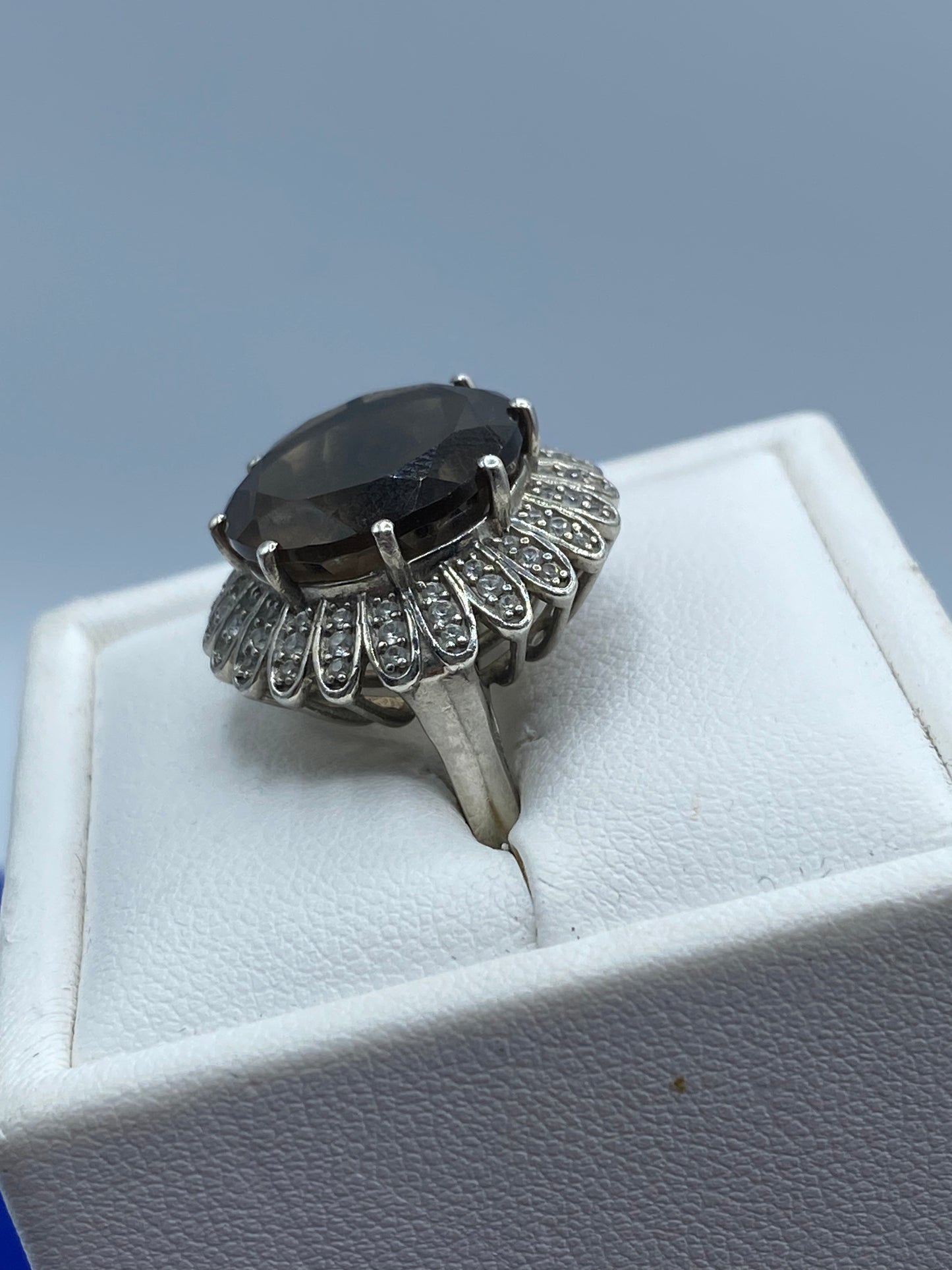 Sterling Silver Brazilian Smoky Quartz & White Zircon Floral Ring