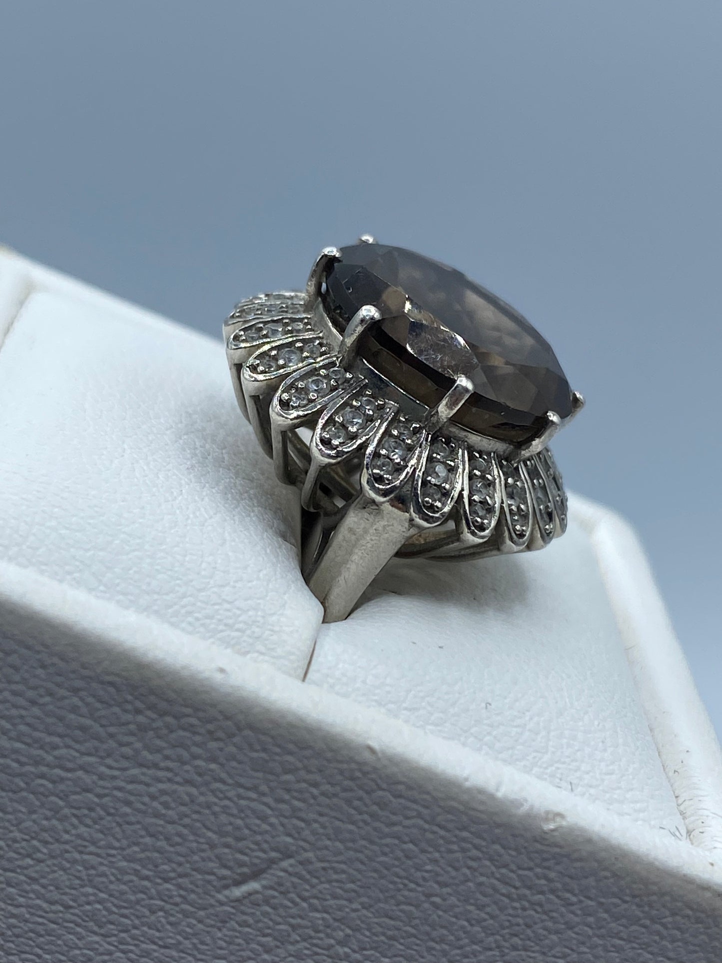 Sterling Silver Brazilian Smoky Quartz & White Zircon Floral Ring