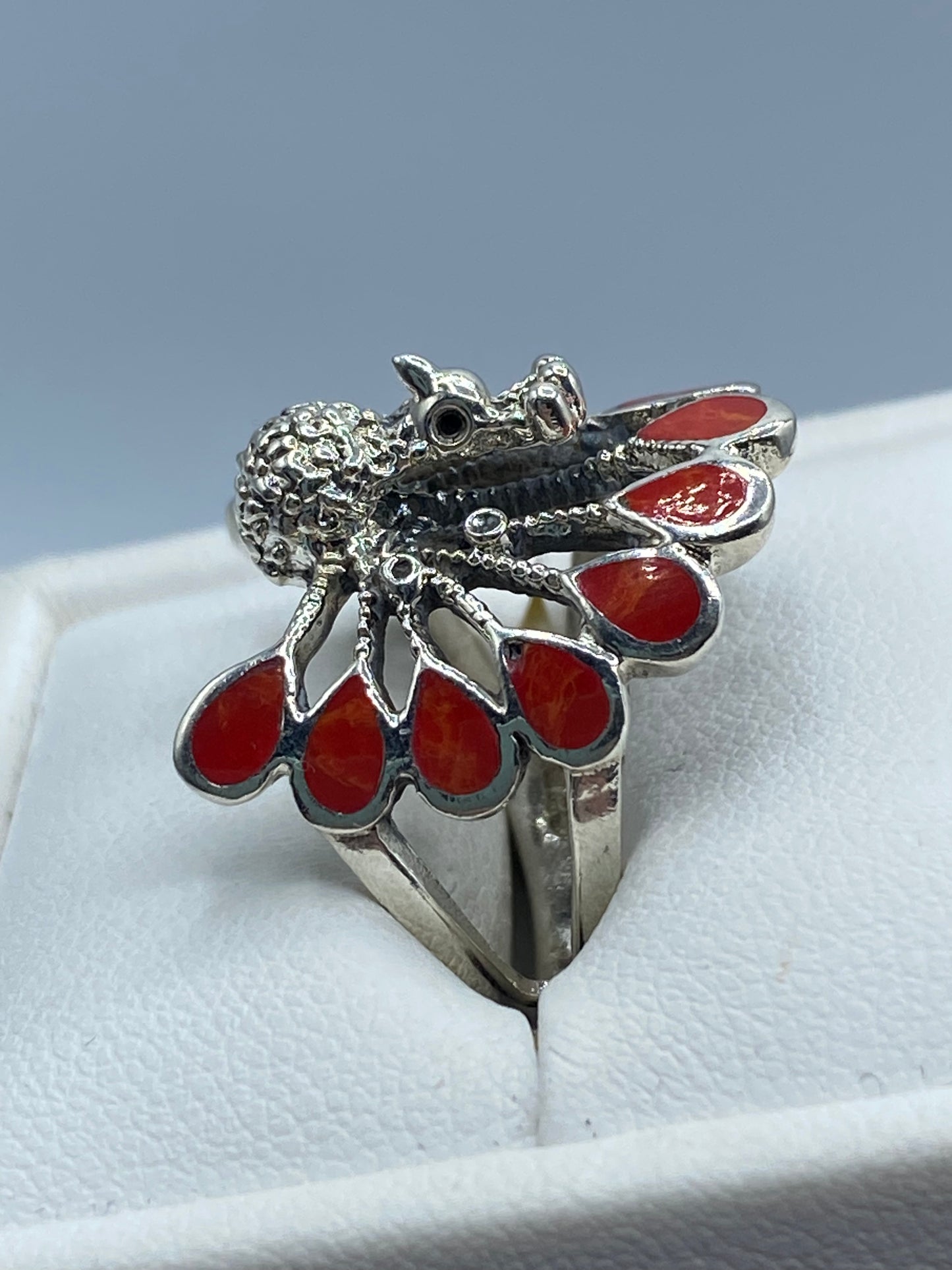 Sterling Silver Coral Peacock Ring