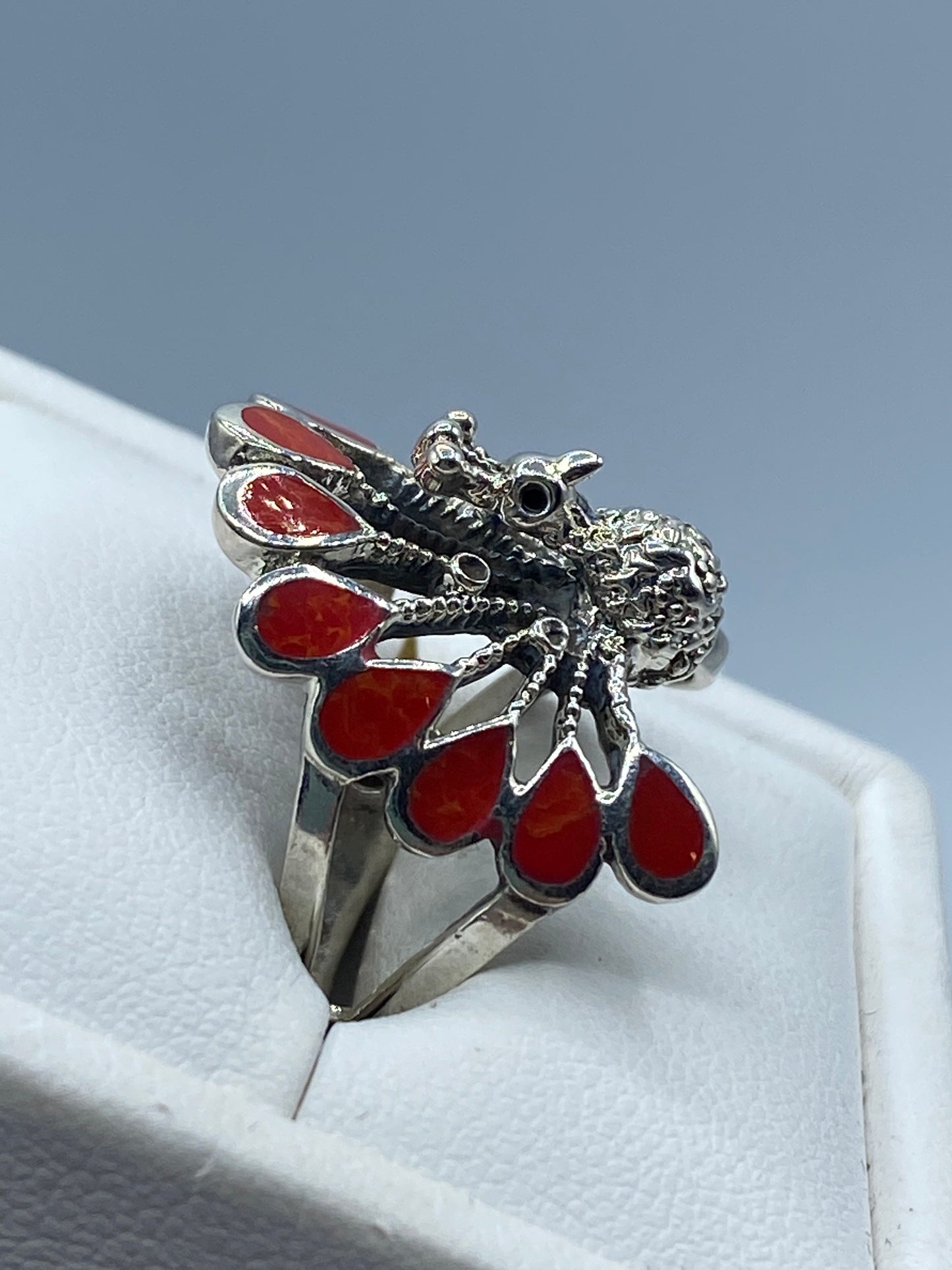 Sterling Silver Coral Peacock Ring
