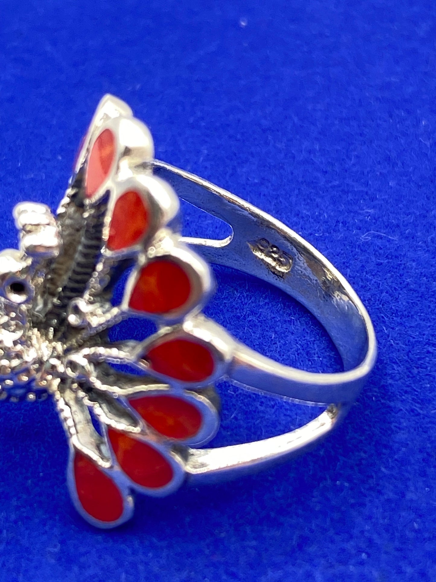 Sterling Silver Coral Peacock Ring
