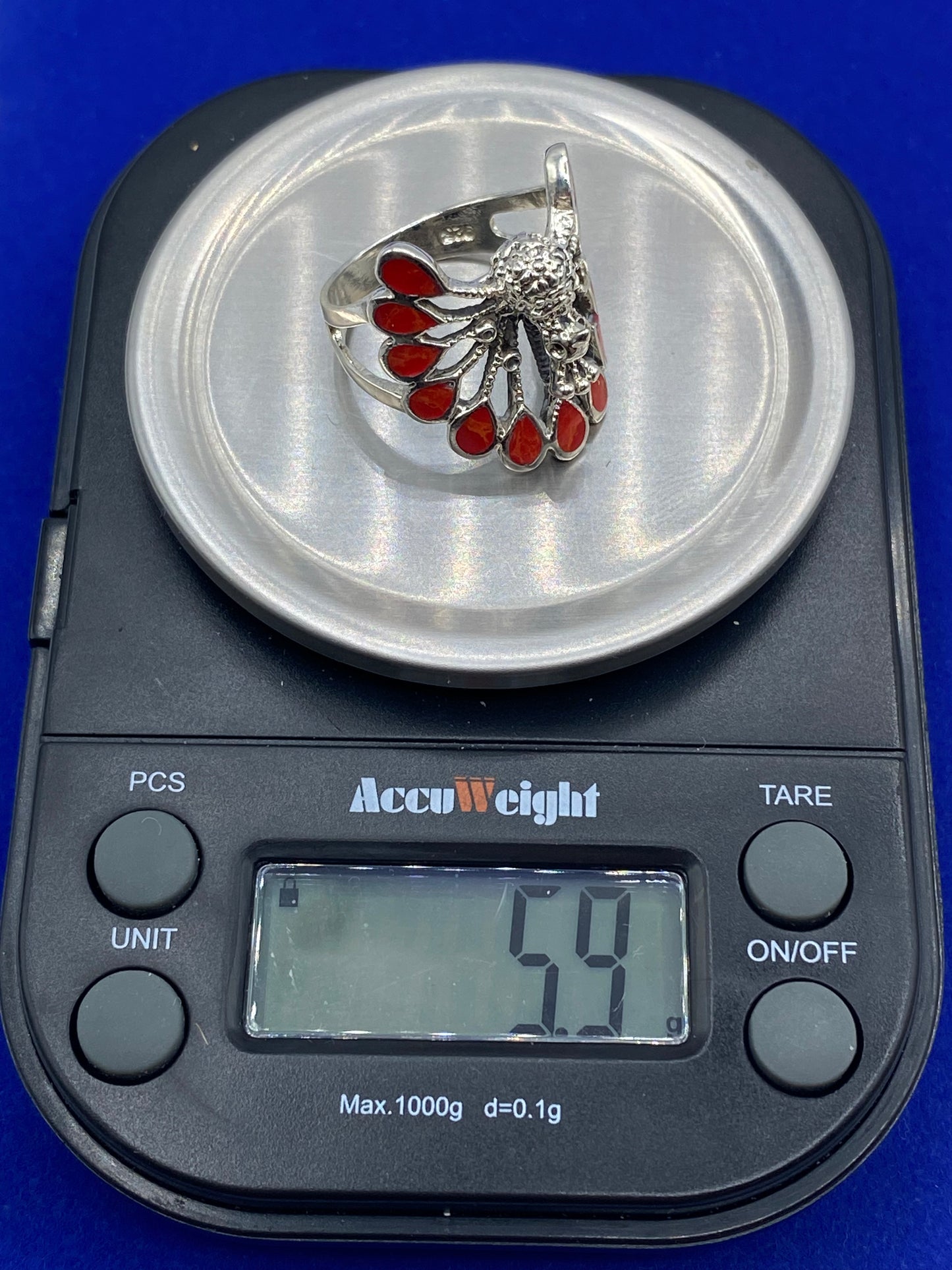 Sterling Silver Coral Peacock Ring