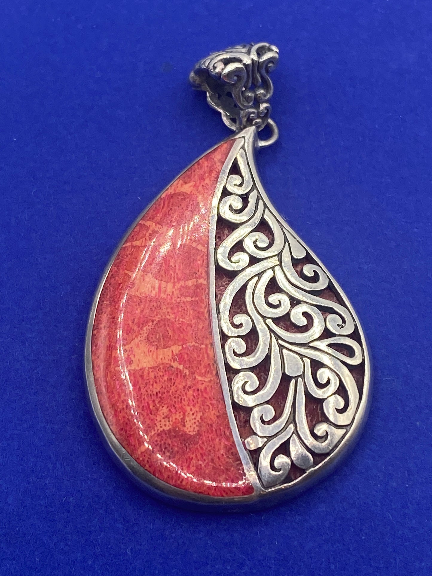Sterling Silver Filigree & Coral Pendant