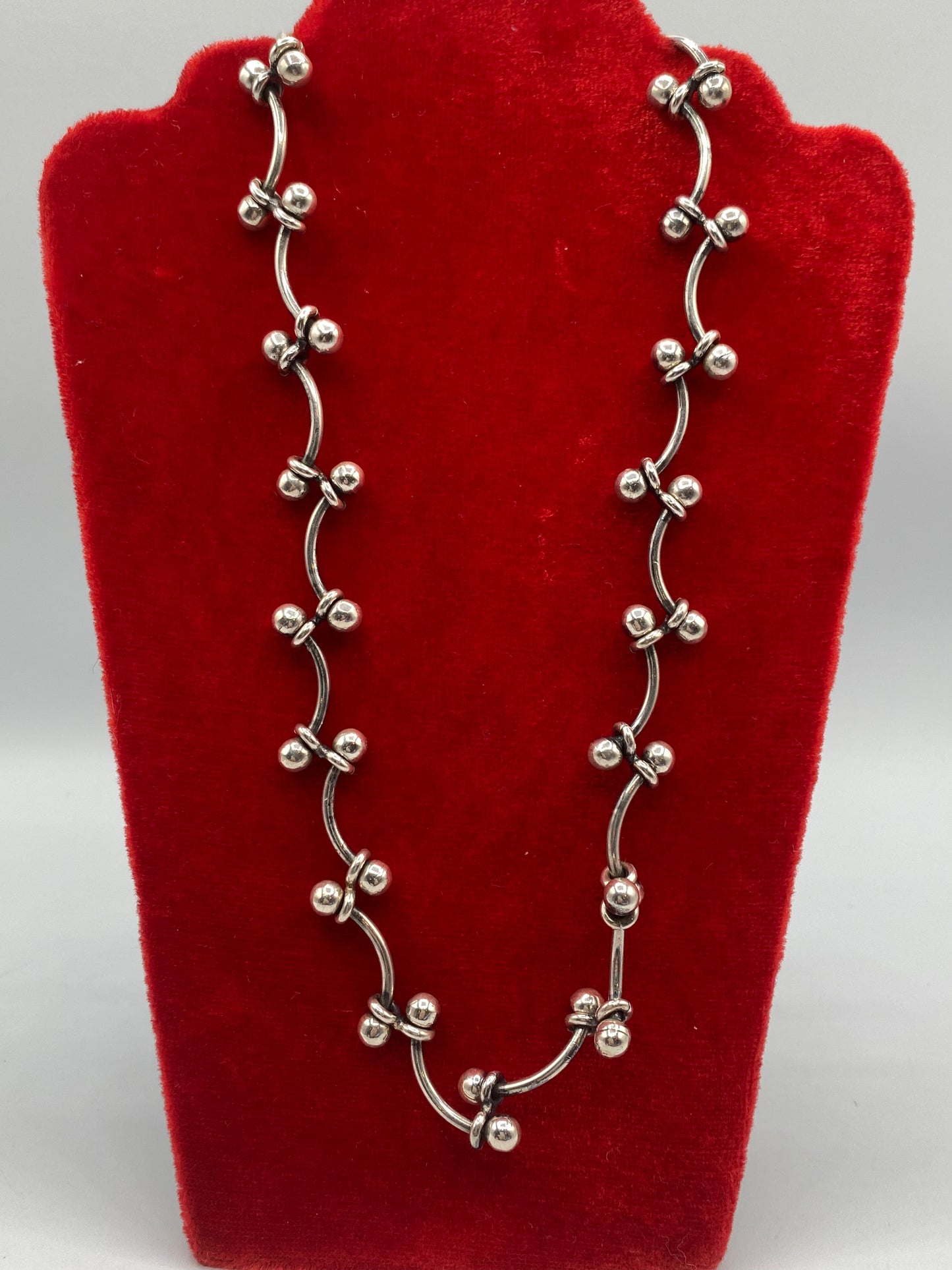 Sterling Silver Curved Bar & Ball Necklace