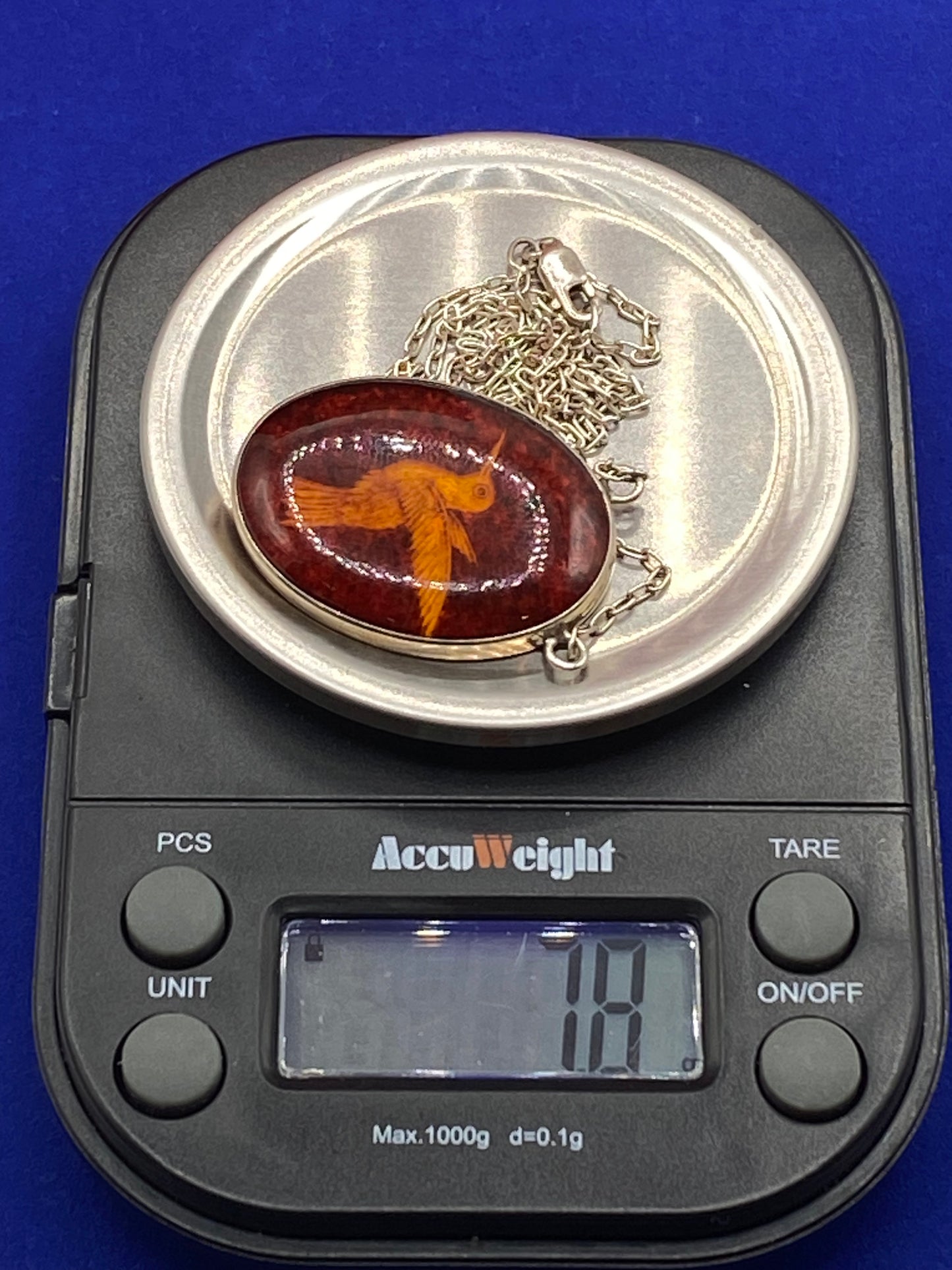 Sterling Silver Reversed Carved Amber Hummingbird Necklace