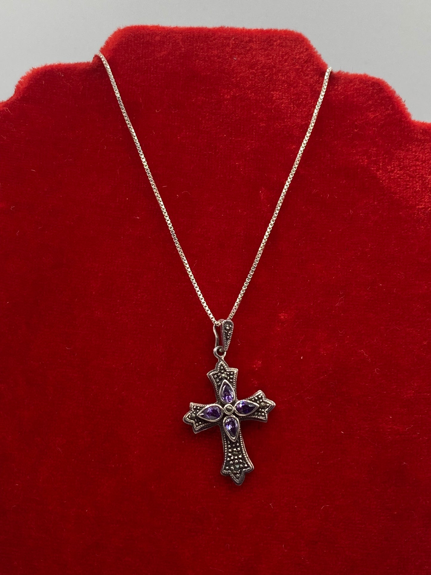 Sterling Silver Glass & Marcasite Cross Necklace