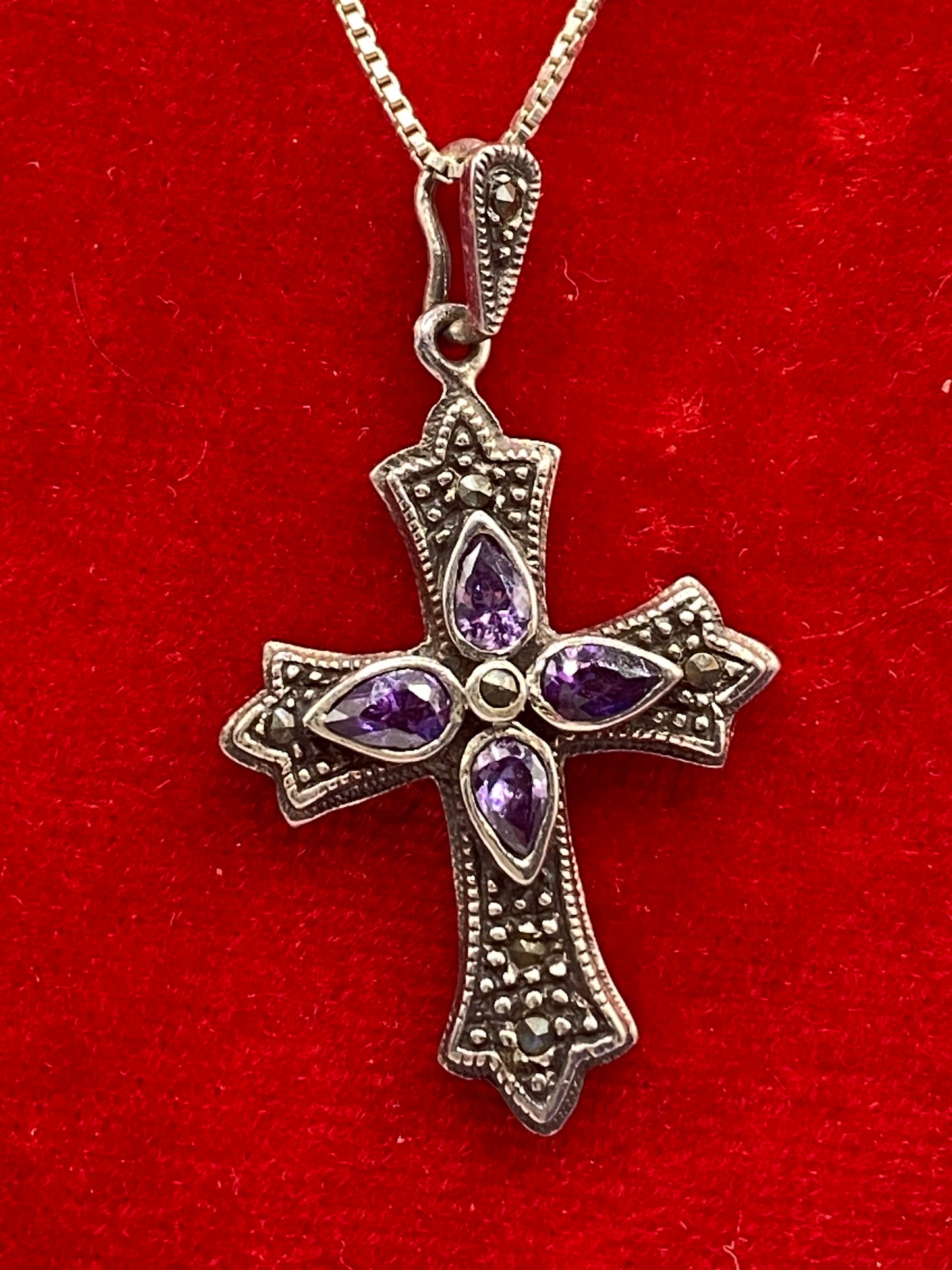 Sterling Silver Glass & Marcasite Cross Necklace