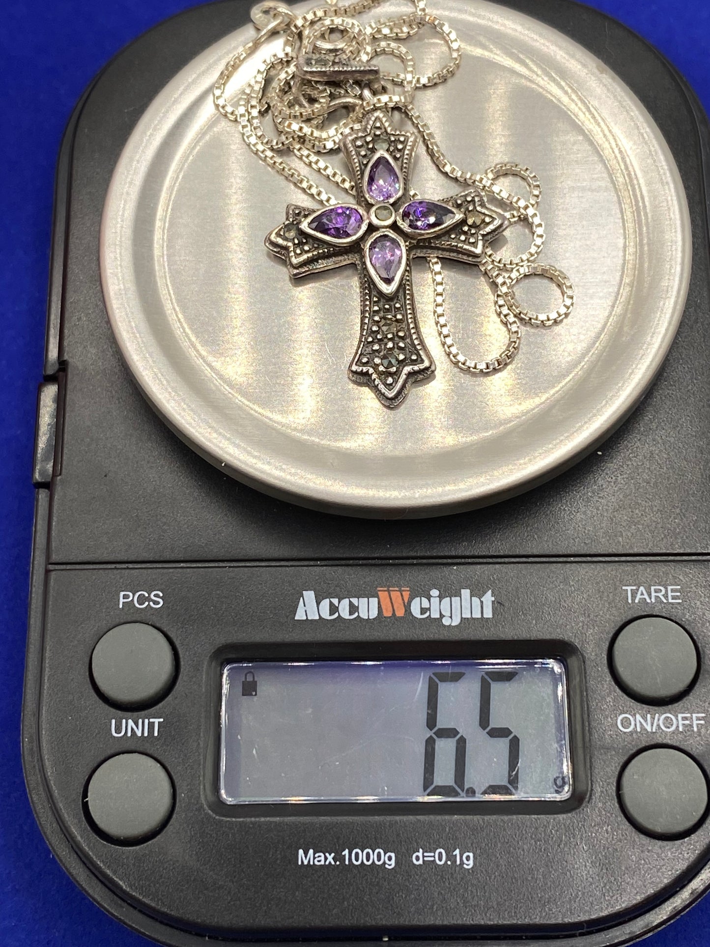 Sterling Silver Glass & Marcasite Cross Necklace