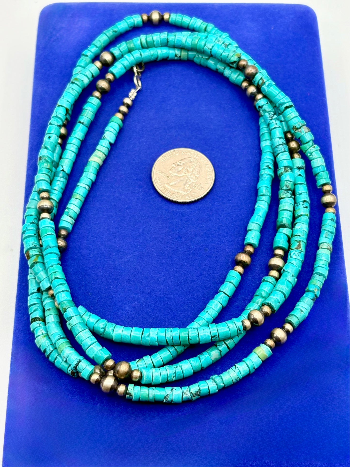 Sterling Silver Southwestern Navajo Pearls & Turquoise Discs Long Necklace
