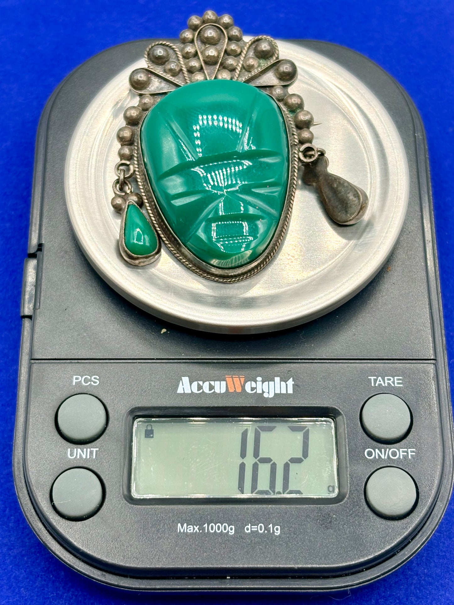 Sterling Silver Mexican Carved Green Onyx Brooch
