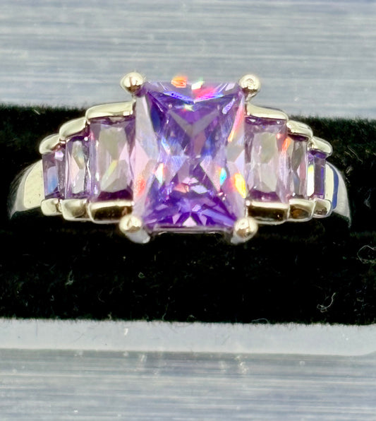 Purple Glass Silver Tone Costume Ring