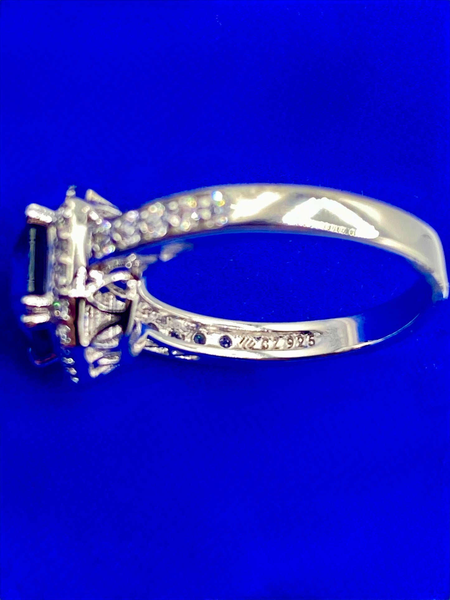 Sterling Silver Dark Blue Square Sapphire & CZ Ring