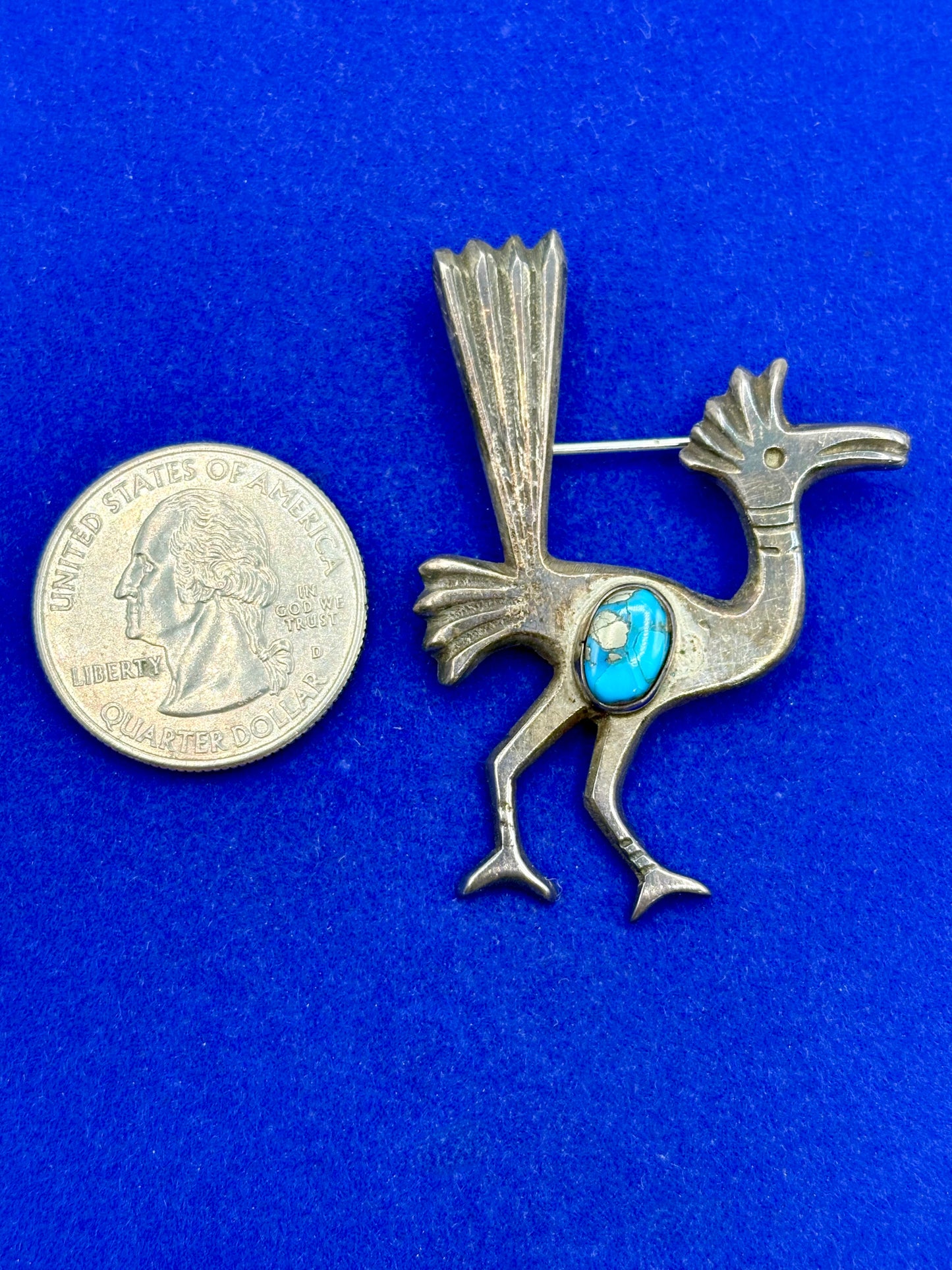 Vintage Sterling Silver Native Turquoise Roadrunner Brooch