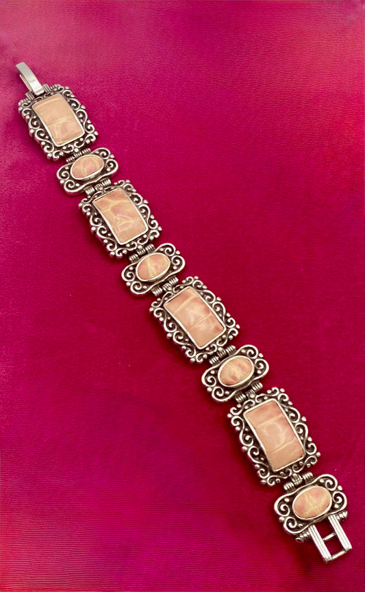 Brighton Park Avenue Pink Leather Scrolled Silver Tone Links Bracelet
