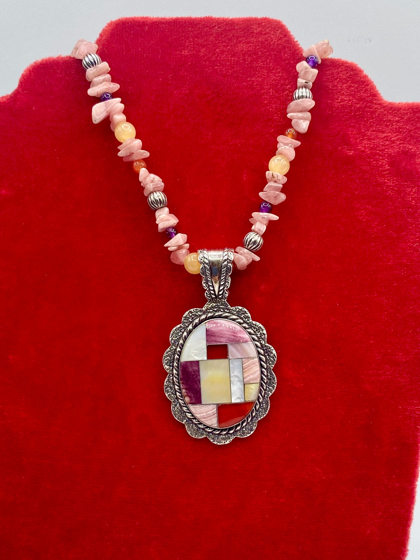 Sterling Silver Carolyn Pollack Relios Pink Rhodochrosite Chip & Inlay Stone Necklace