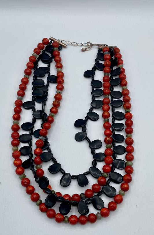 Jay King Necklace 4 Strand Coral Black Obsidian Bead Sterling Necklace