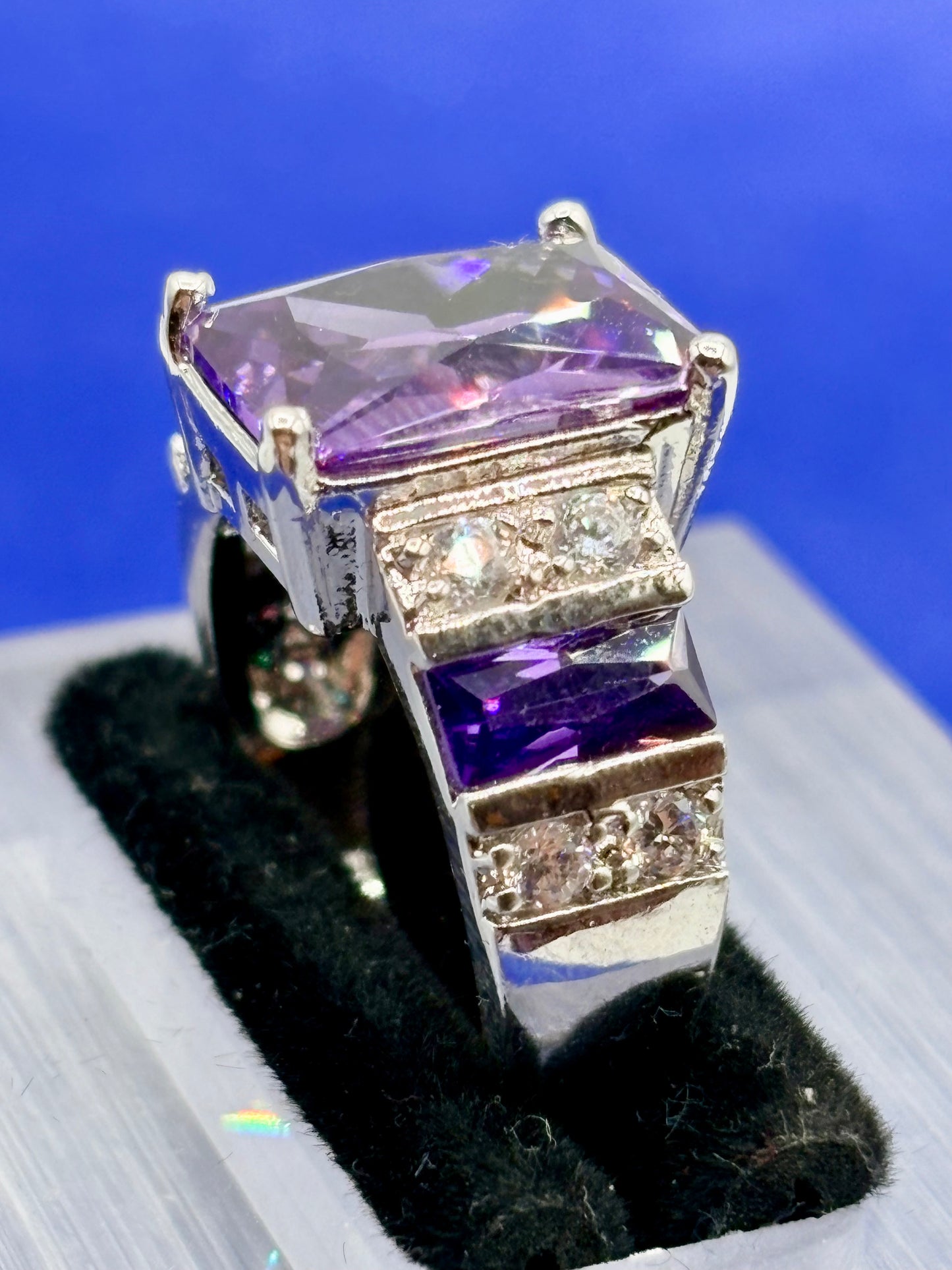 Purple & Clear Glass Silver Tone Costume Ring