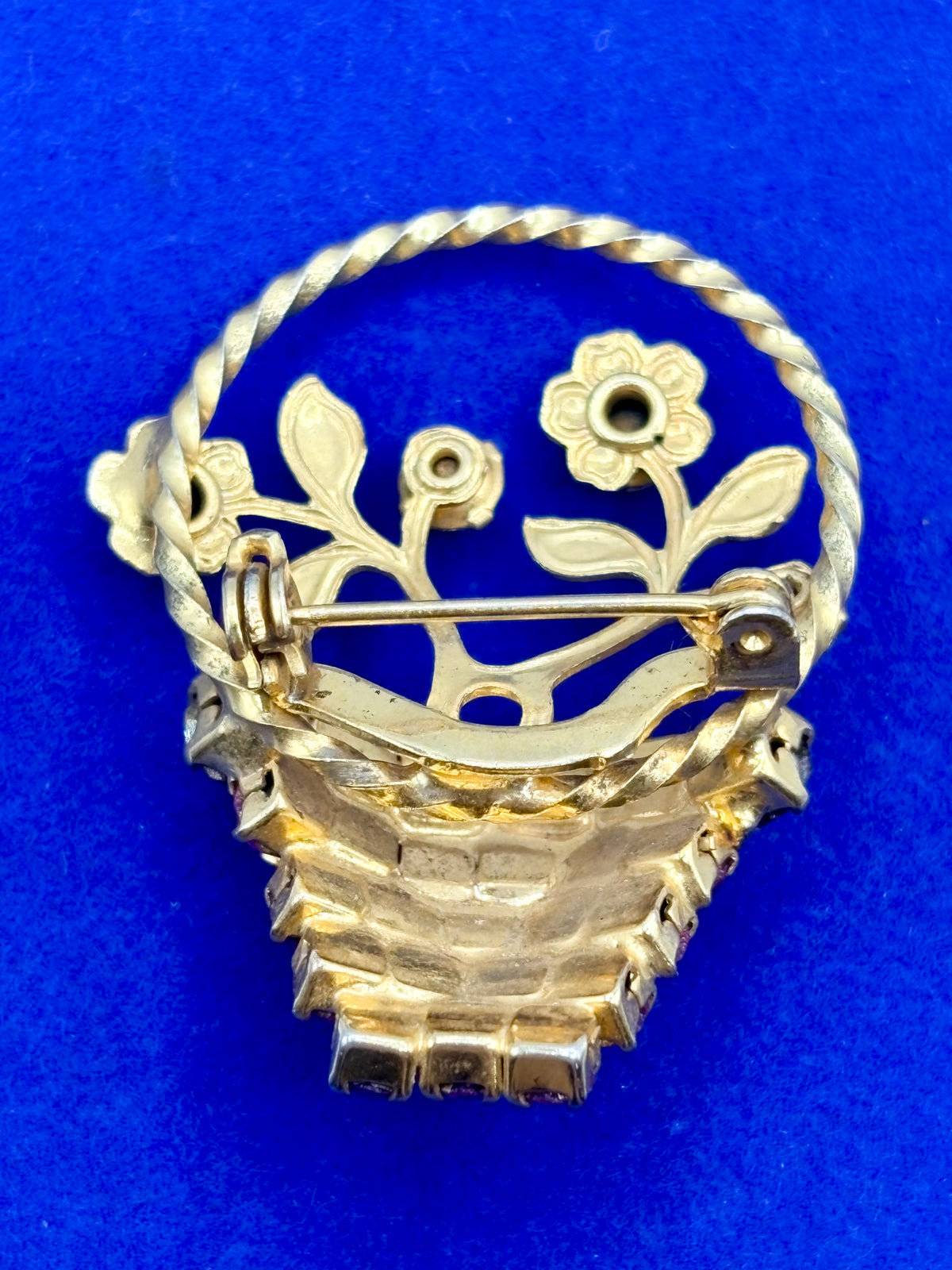 Vintage Rhinestone Flower Basket Brooch w/ Uranium Glass Stone