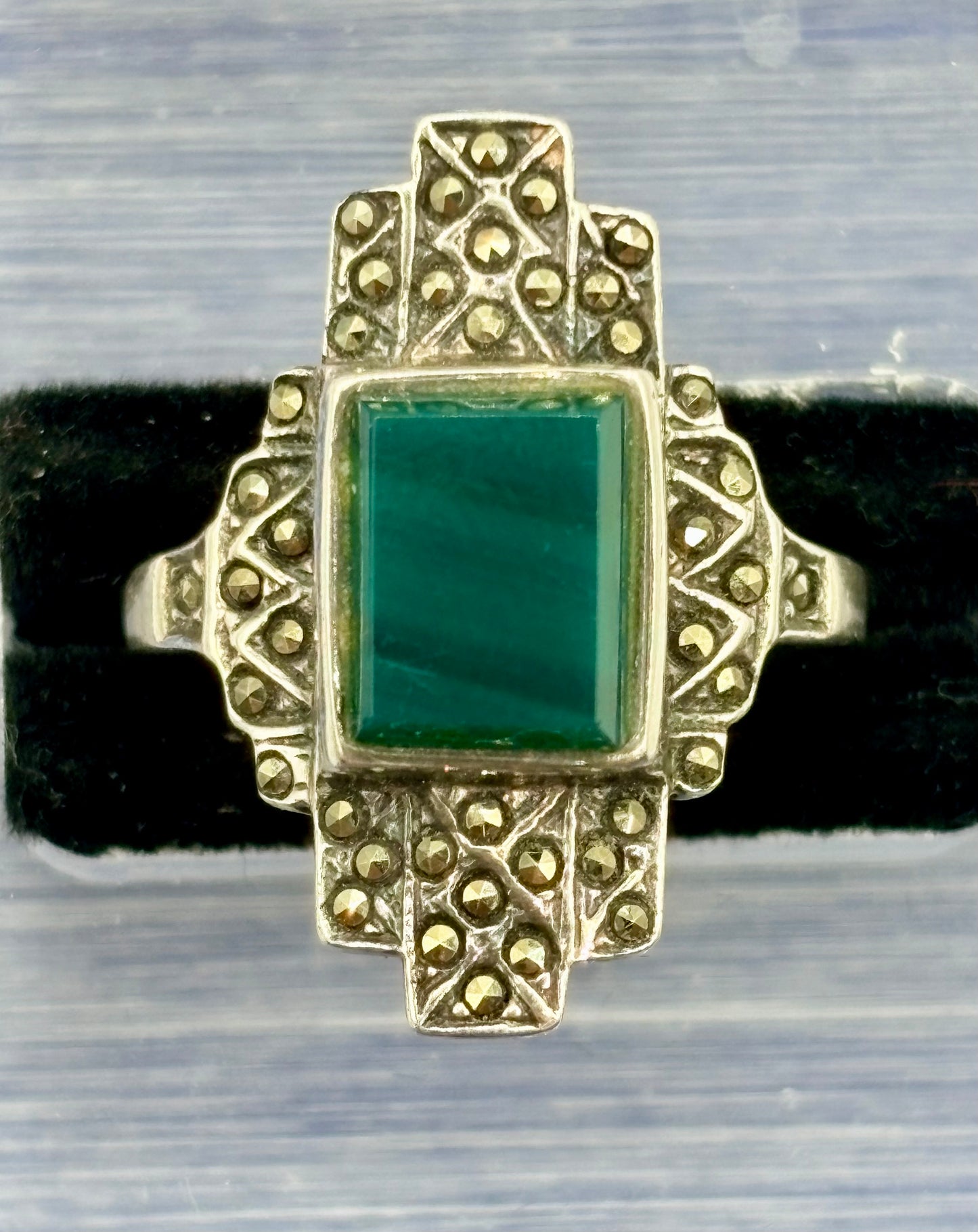 Sterling Silver Green Chrysoprase& Marcasite Ring