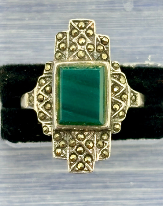 Sterling Silver Green Chrysoprase& Marcasite Ring