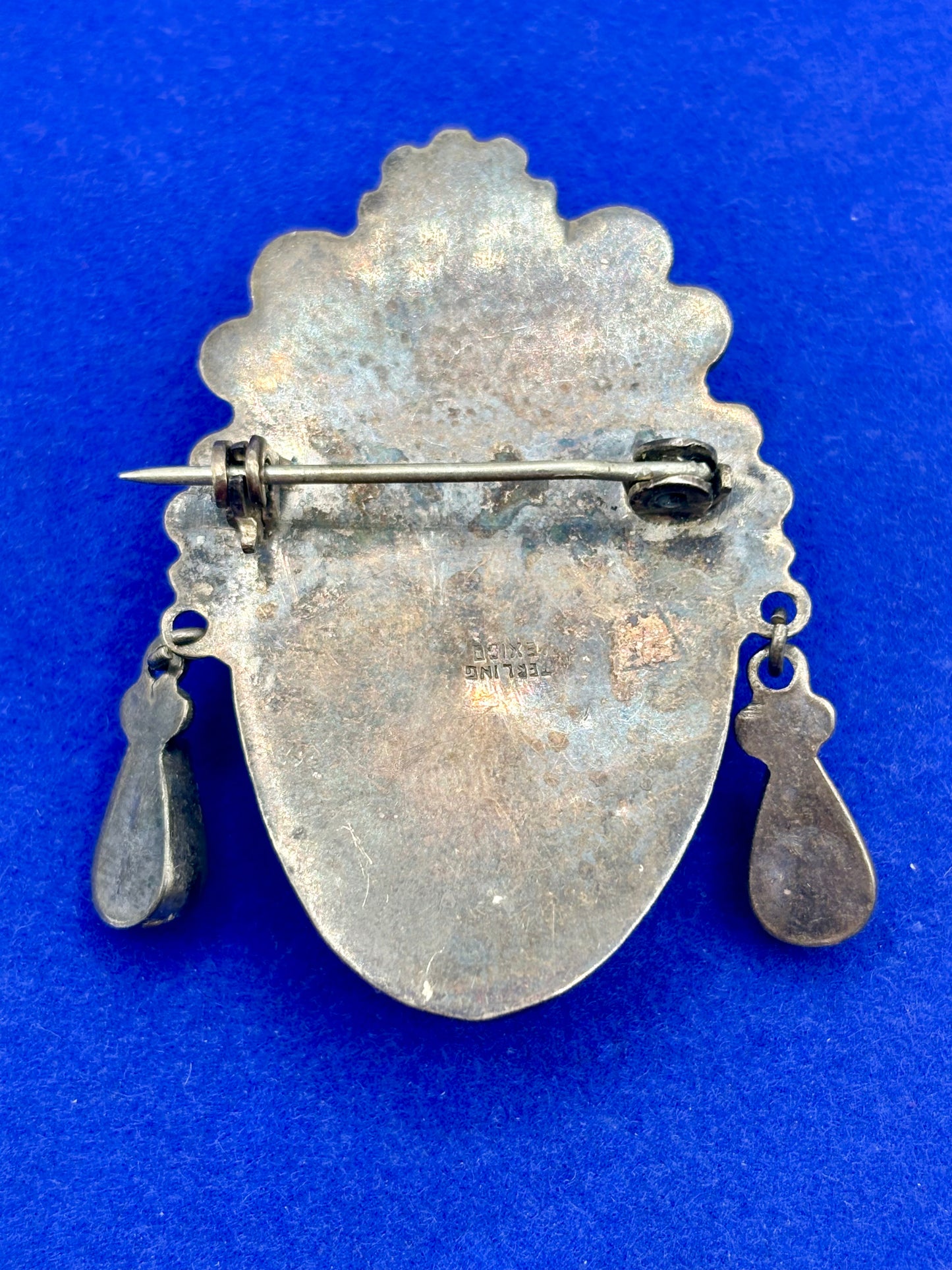 Sterling Silver Mexican Carved Green Onyx Brooch