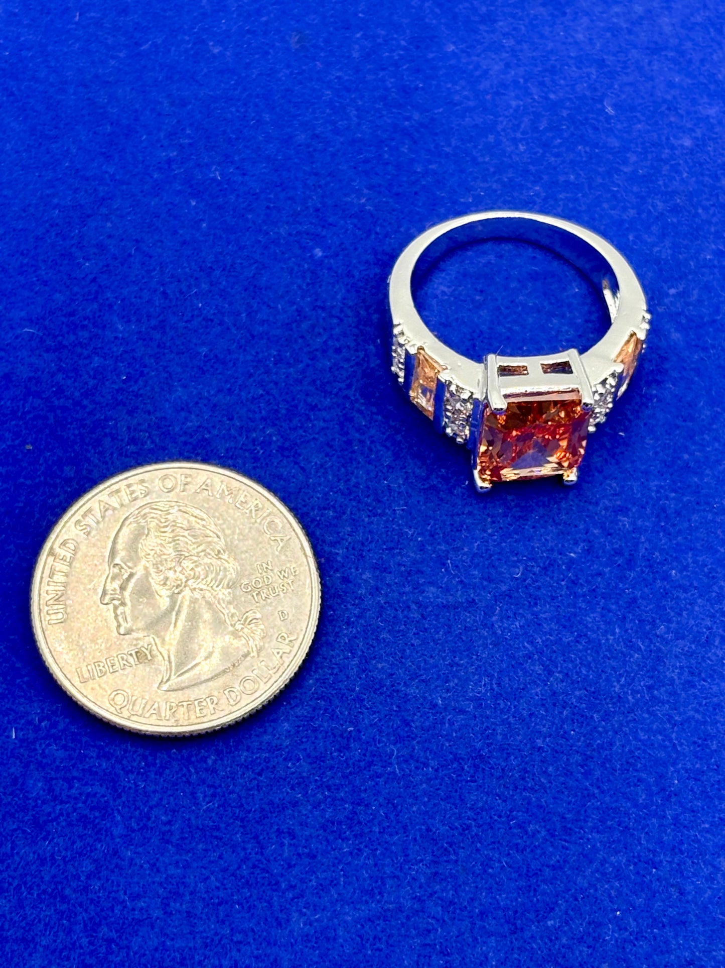 Orange & Clear Glass Silver Tone Costume Ring