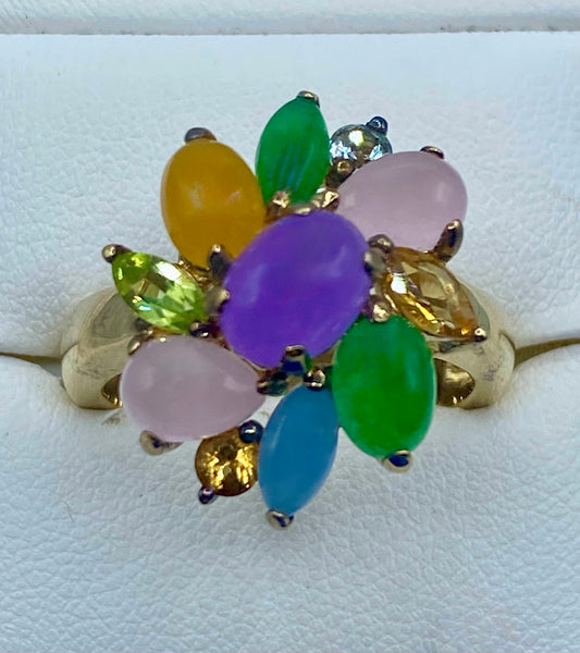 Sterling Silver Vermeil Multi Color Jade & Gemstone Ring
