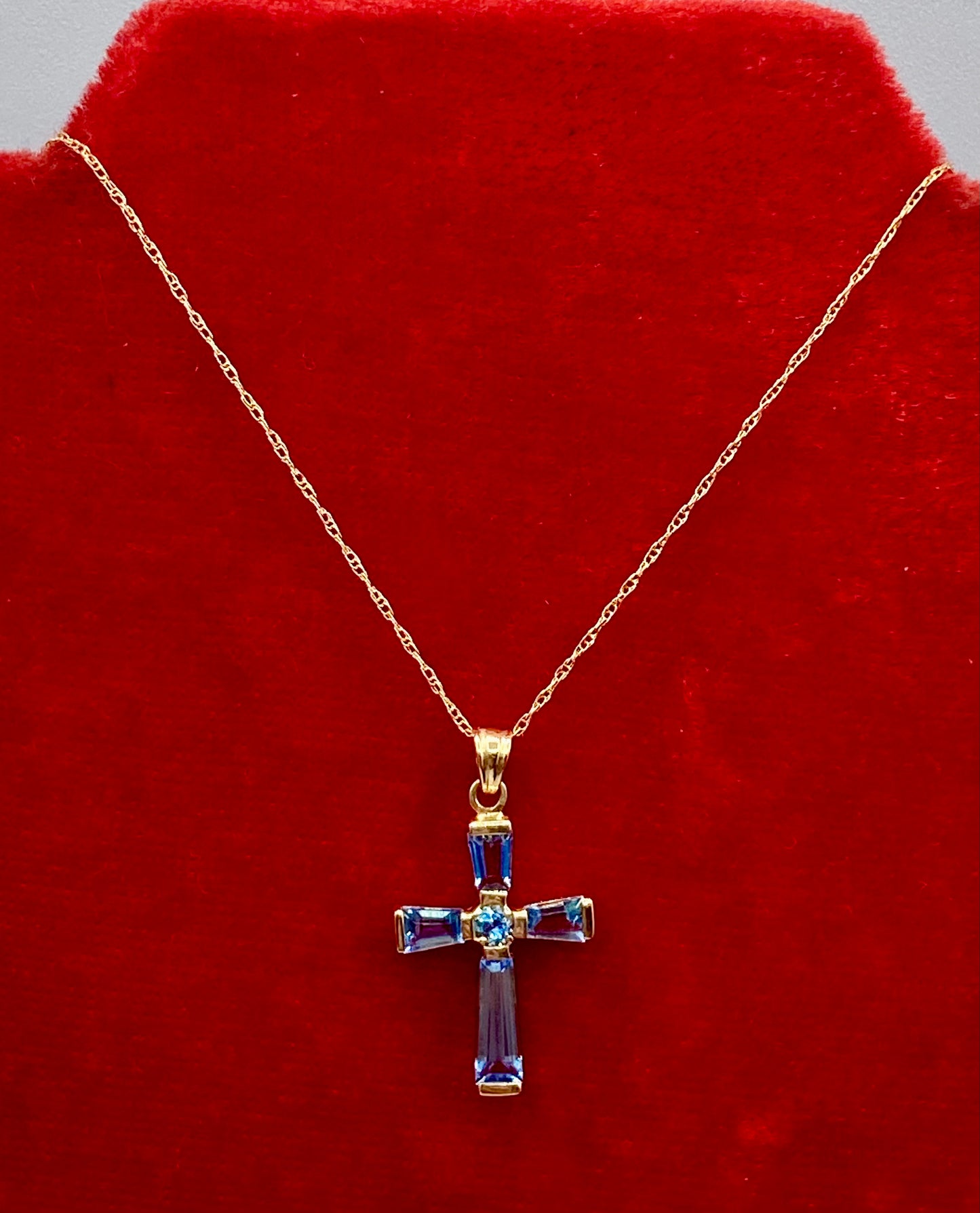 10K Gold Light Blue Topaz Cross Necklace