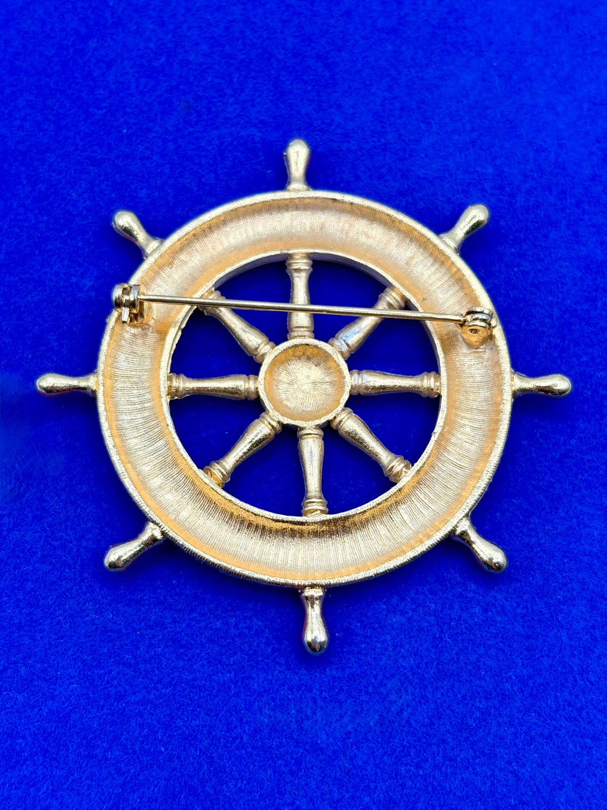 Vintage Red White & Blue Enamel Ships Wheel Gold Tone Brooch