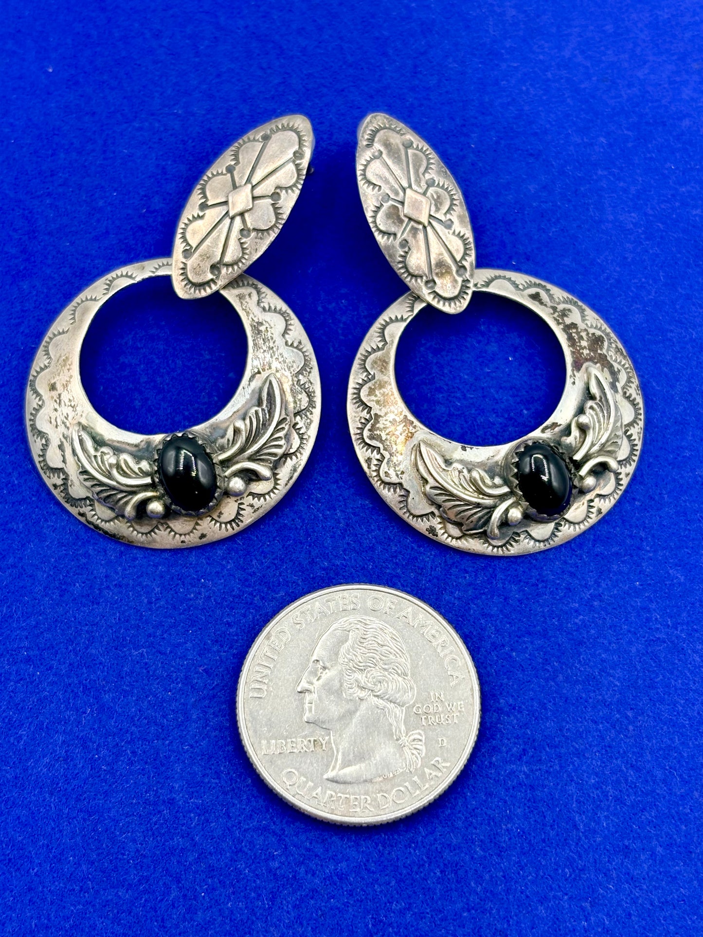 Sterling Silver Native “P” Black Onyx Pierced Earrings