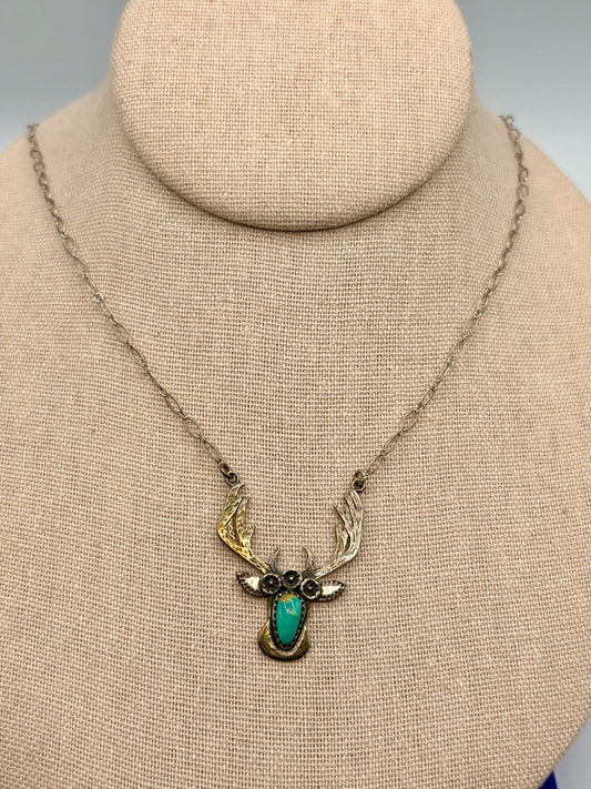 Sterling Silver Southwestern Deer Head Turquoise Necklace