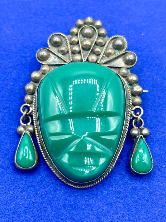 Sterling Silver Mexican Carved Green Onyx Brooch