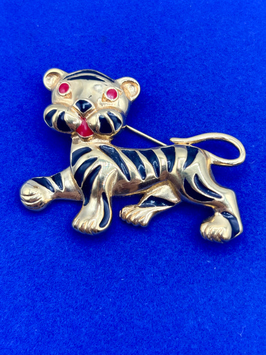 Vintage Monet Gold Tone Black & Red Enameled Tiger Brooch