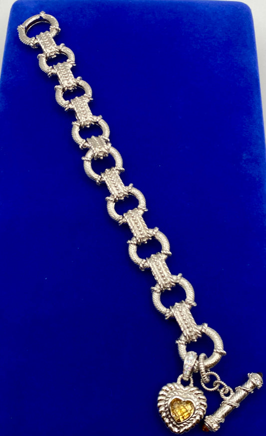 Judith Ripka Sterling Silver Link Bracelet w/Citrine Heart Charm Enhancer