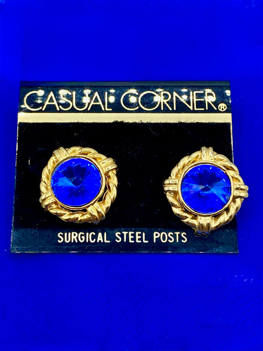 Vintage Casual Corner NWT Blue Glass Rivoli Earrings