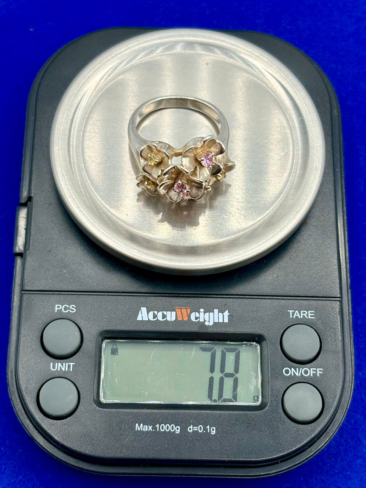 Vintage DQ Sterling Silver CZ Pink & Yellow Floral Ring