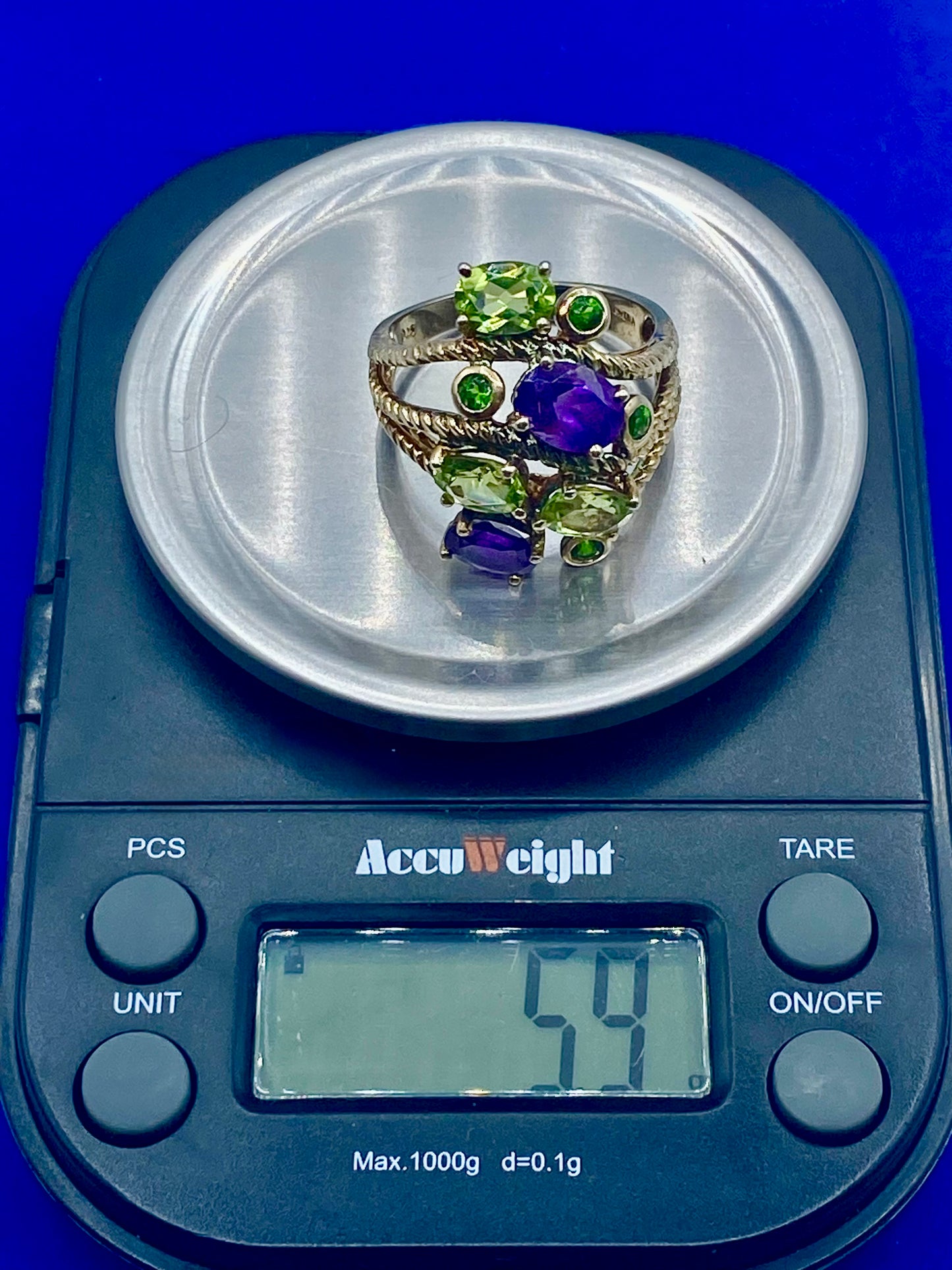 Sterling Silver Amethyst & Peridot Gemstone Cluster Ring