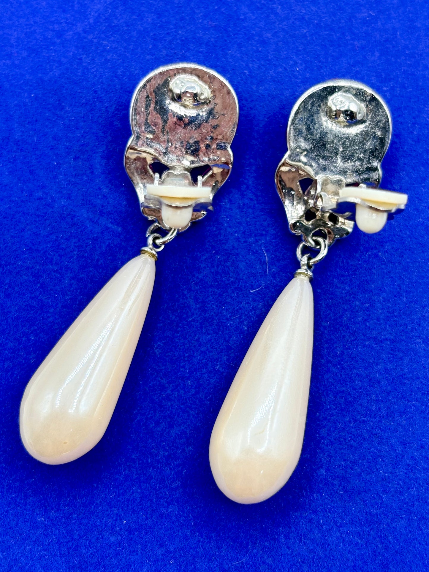 Silver Tone Faux Pearl & Rhinestone Purple Cabochon Clip Ons