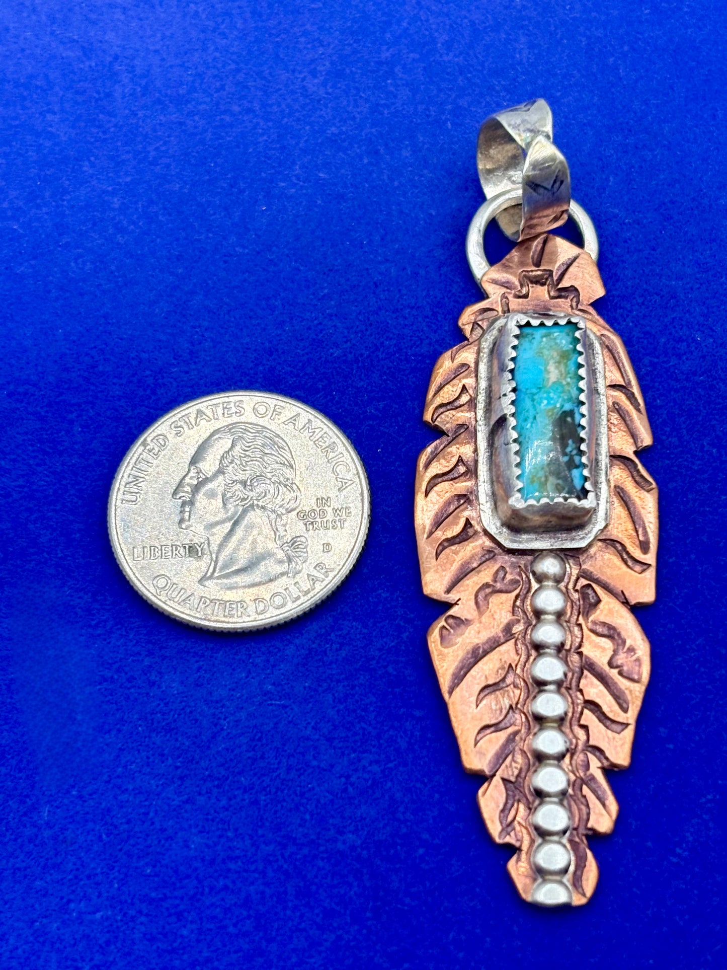 Sterling Silver & Copper Southwestern Turquoise Feather Pendant