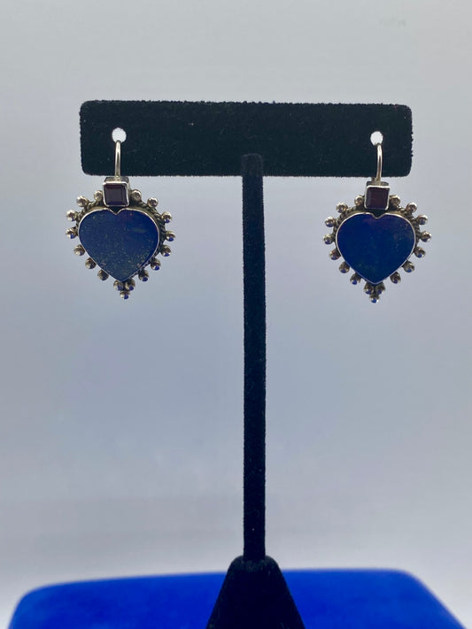 Vintage Sterling Silver Lapis Lazuli & Garnet Heart Shaped Drop Dangle Earrings