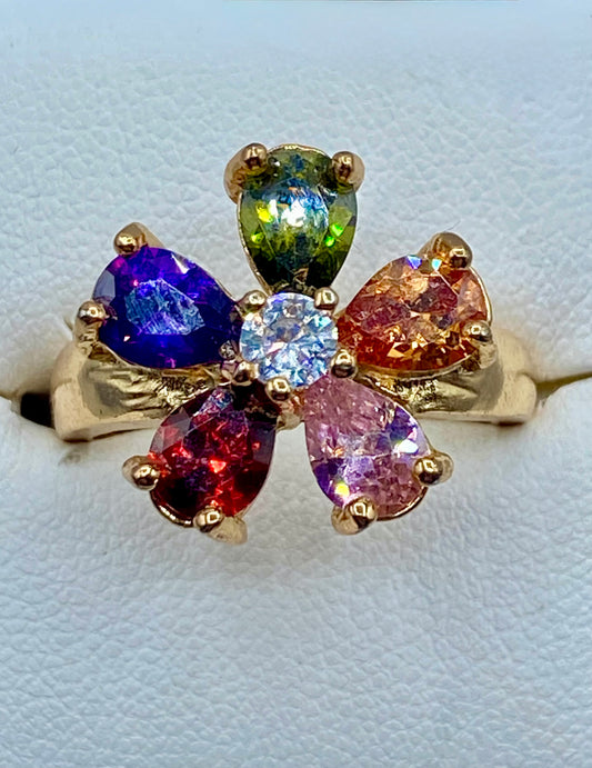 Gold Tone Floral Multi Color Glass Ring